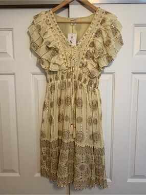 *NWT* Ananta Ruffle V-Neck Rayon Dress, Yellow/ Gold/ Tan, Size S/M